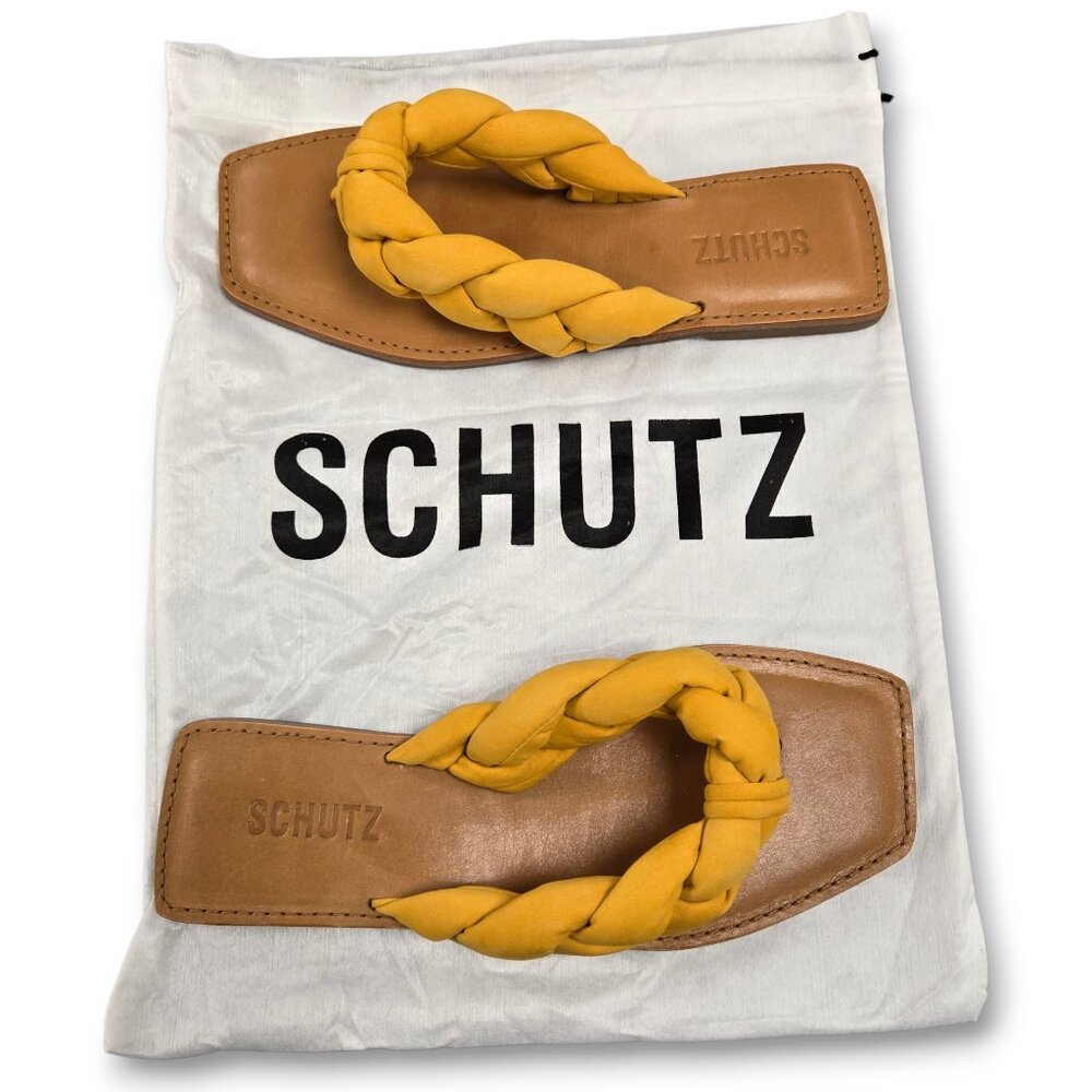 SCHUTZ Cicely Braided Leather Thong Sandals Square Toe and Heel Yellow Size 7.5